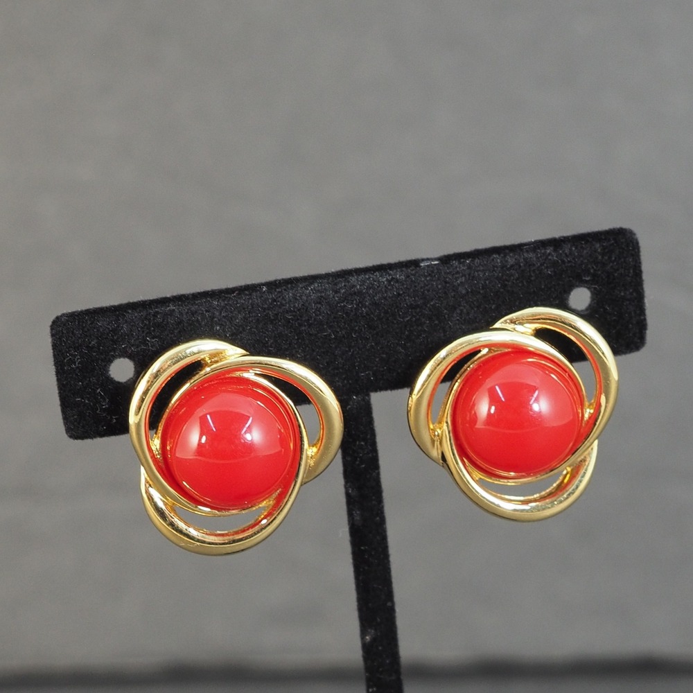 Monet Earrings Gold Tone Red Dome Cabochon Clip On Swirl Statement Signed Round